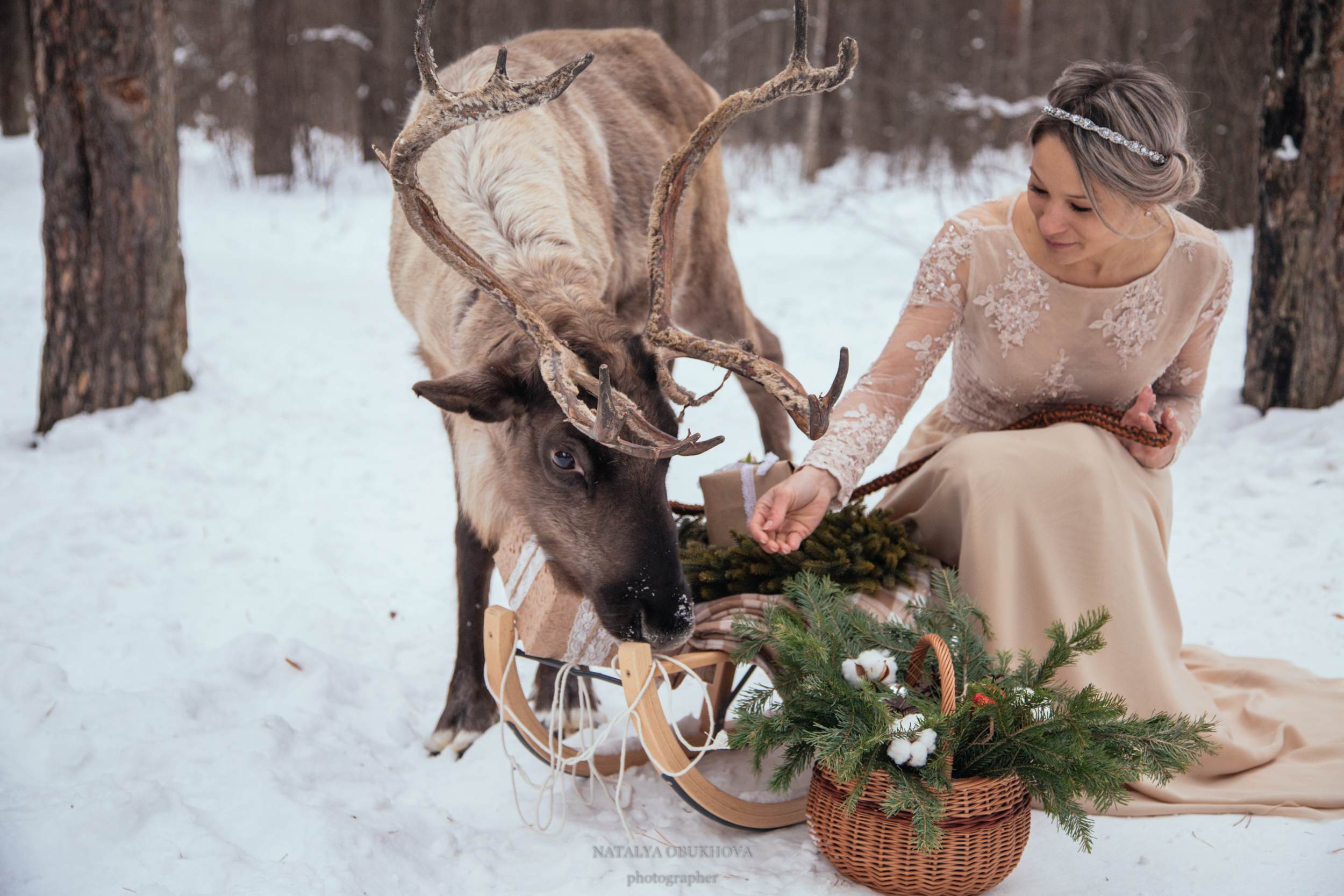 романтическая фотосессия в образе лесной феи с северными оленями